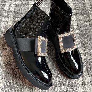 New patent leather w Crystallized gold buckle strap Chelsea Booties
